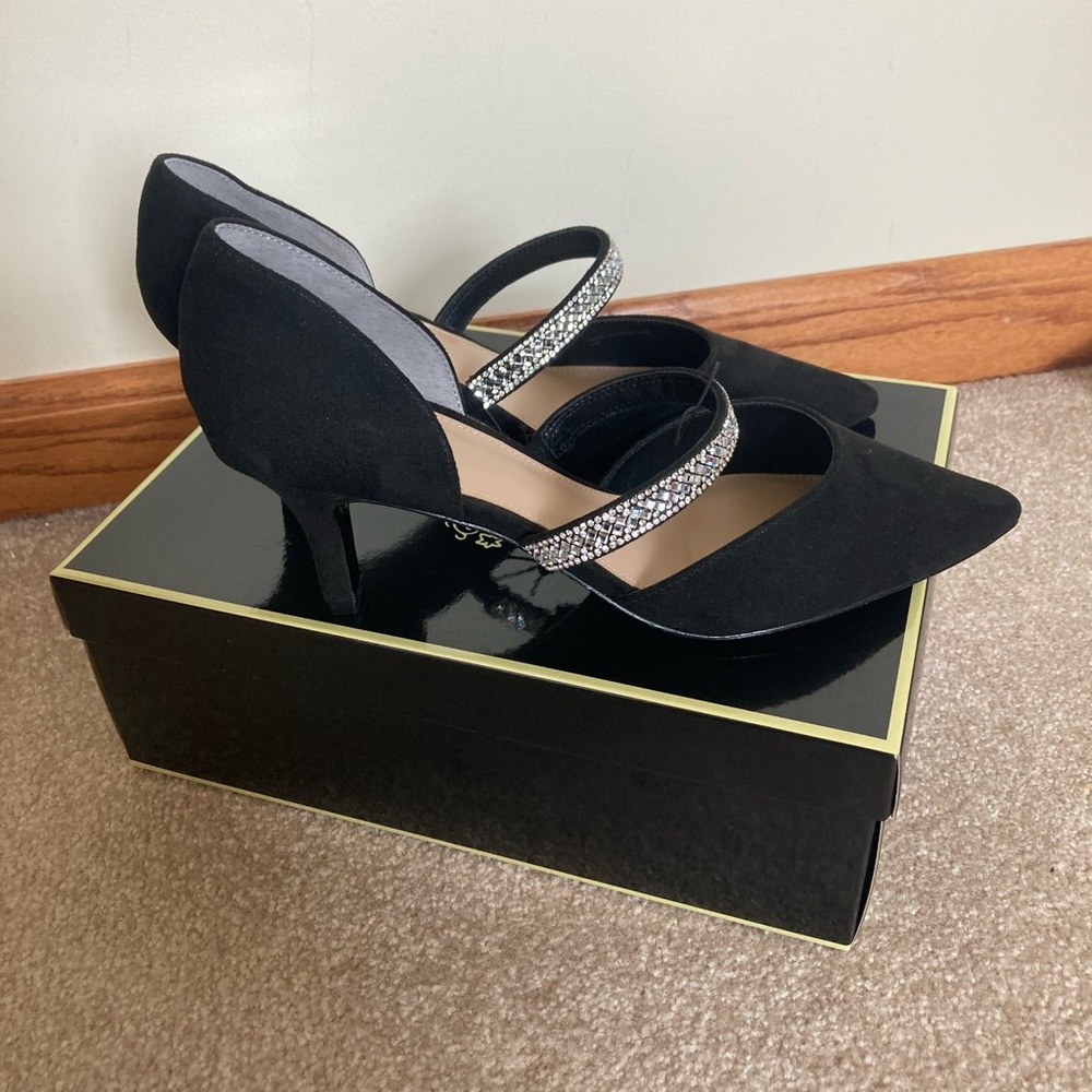 Black Suede Pointed-Toe Heels with Crystal Straps
